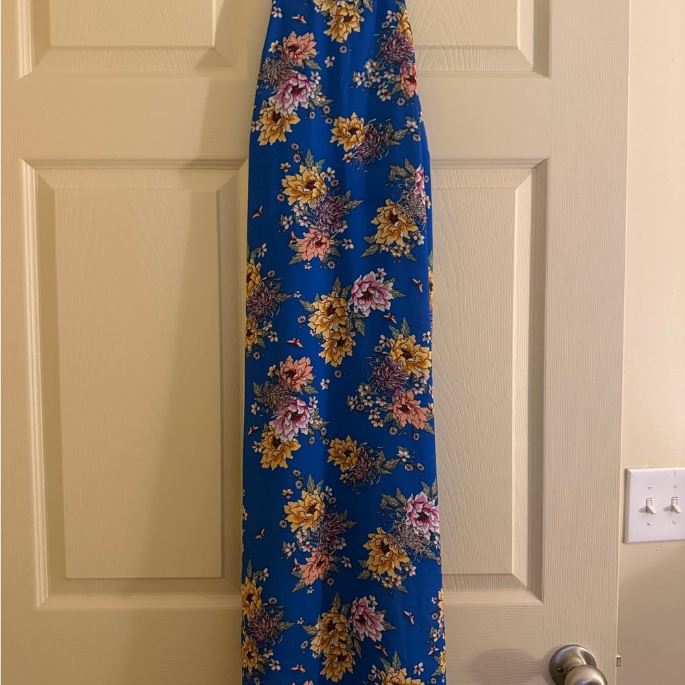 Pink Rose Blue Floral Maxi Dress